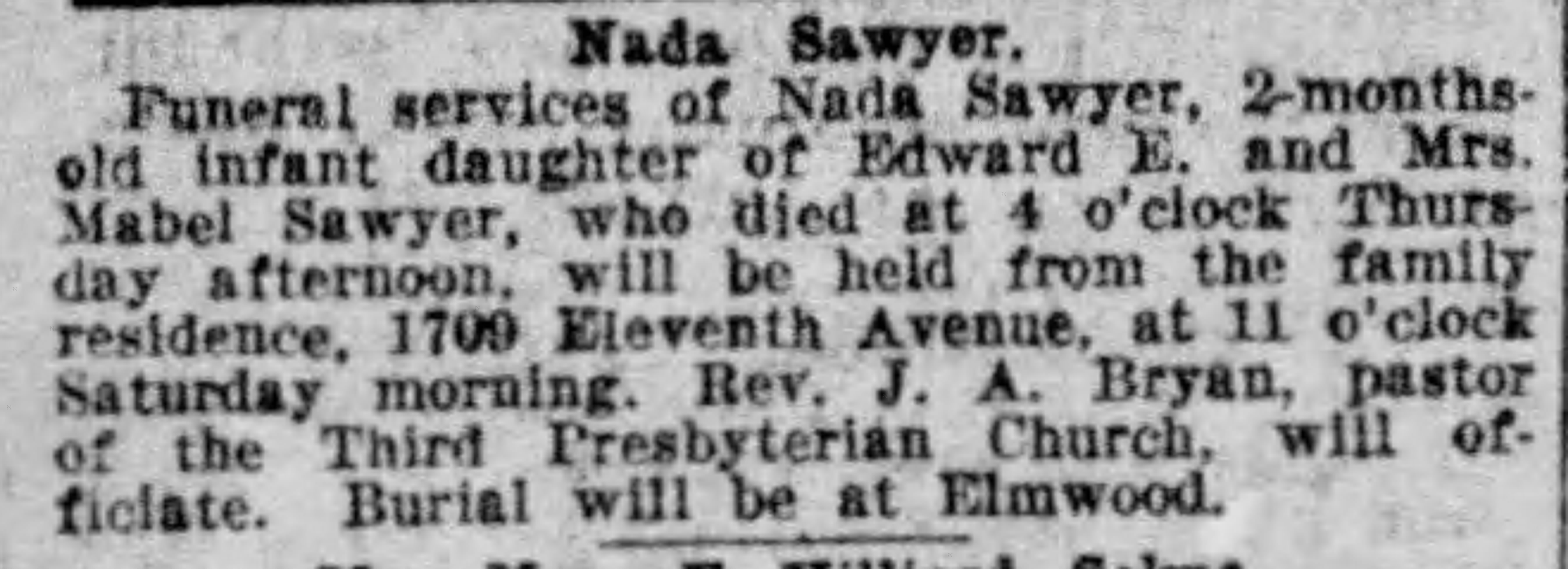 Nada Sawyer infant of Edward E. and Mabel Sawyer obituary